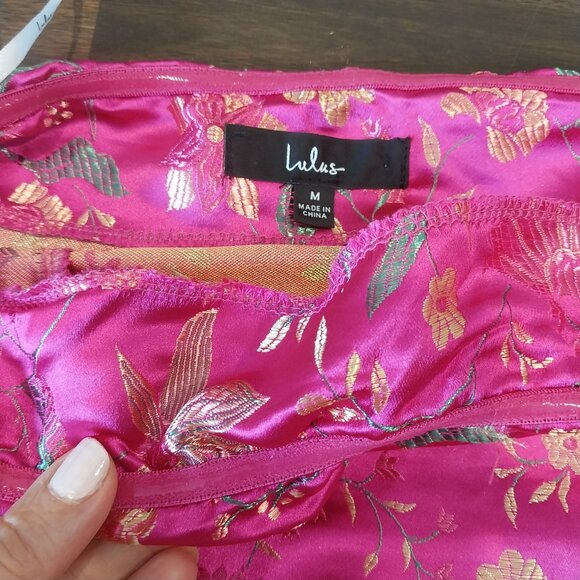 Lulus Strapless Midi Dress M 6 Make a Move Pink Magenta Satin Floral Jacquard - Picture 10 of 15